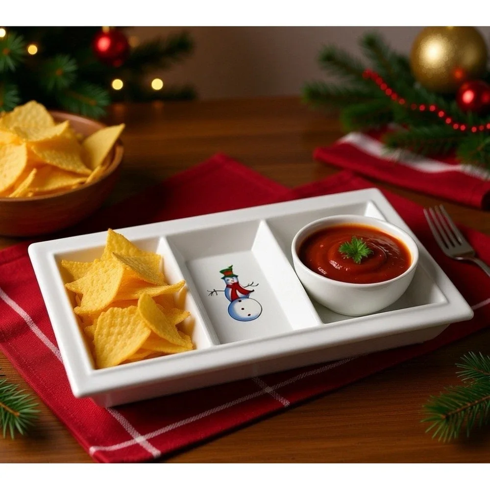 Holiday 3-Section Divided Serving Tray Platter‎ White Snowman Mittens Stocking
